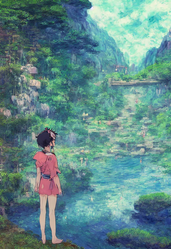 Image similar to tiny mononoke spirit in front of a japanese city in the mountain surrounded by waterfall. cyberpunk, boats flying. beautiful blue sky. gorgeous epic nature, lofi, vivid colors, amazing light, by jeremy lipkin, by claude monet, heavily inspired by makoto shinkai, inspired by ghibli, masterpiece, multiple brush strokes, impressionist style