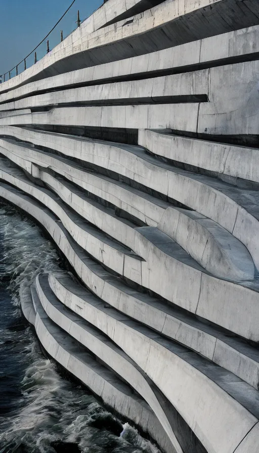 Prompt: color pentax photograph of a massive, pristine zaha hadid seawall. wide angle. very epic!