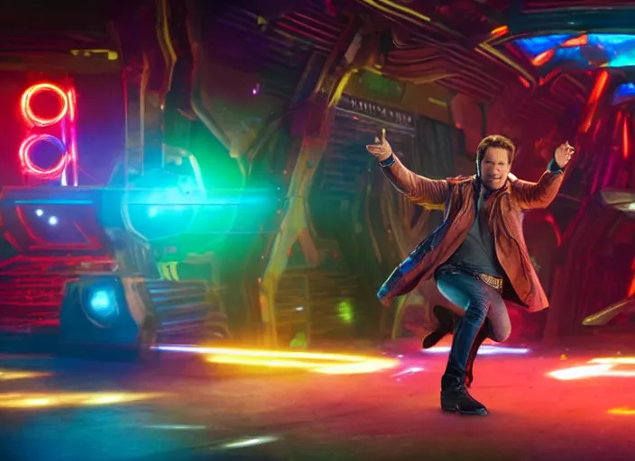 Image similar to film still of star - lord played by chris pratt dancing in a 1 9 7 0 s disco surrounded by colorful neon lights in the new guardians of the galaxy movie, 4 k