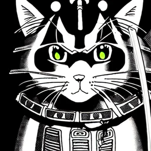 Prompt: anime key visual of hayao miyazaki studio ghibli, short - hair tabby cat wearing samurai armor, kurosawa black and white