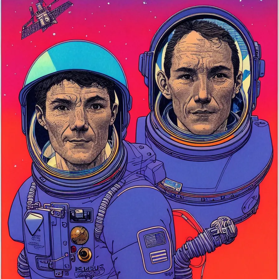 Image similar to ( ( ( ( an astronaut bust shot, with decorative frame design ) ) ) ) by mœbius!!!!!!!!!!!!!!!!!!!!!!!!!!!, overdetailed art, colorful, artistic record jacket design