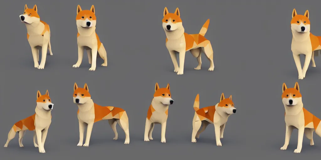 Prompt: concept art of low polygon 3 d render of shiba inu, doge meme, multiple variations, dynamic gestures