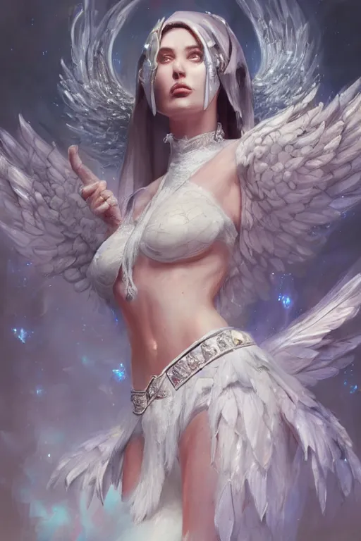 Image similar to torso closeup model wearing crystal white feather, sorcerer wearing robe,, diamonds, angel, fantasy, dramatic lighting, highly detailed, digital painting, holding electricity, magic the gathering, hyper detailed, 3 d render, hyper realistic detailed portrait, peter mohrbacher, wlop, ruan jia