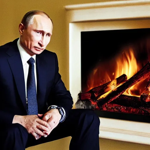 Prompt: vladimir putin looking at a log fire photograph, nikon lighting effect dof