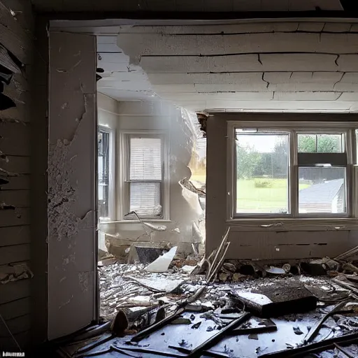 Prompt: inside view of a typical suburban house that is exploding outward onto the street, splintered wood, plaster, flying debris very cinematic photorealism