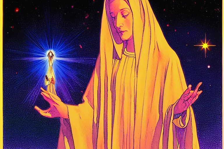 Image similar to a hyperrealist watercolour character concept art portrait of the blessed mother mary on well lit night in las vegas, nevada. there is a ufo. neon roses. by rebecca guay, michael kaluta, charles vess and jean moebius giraud