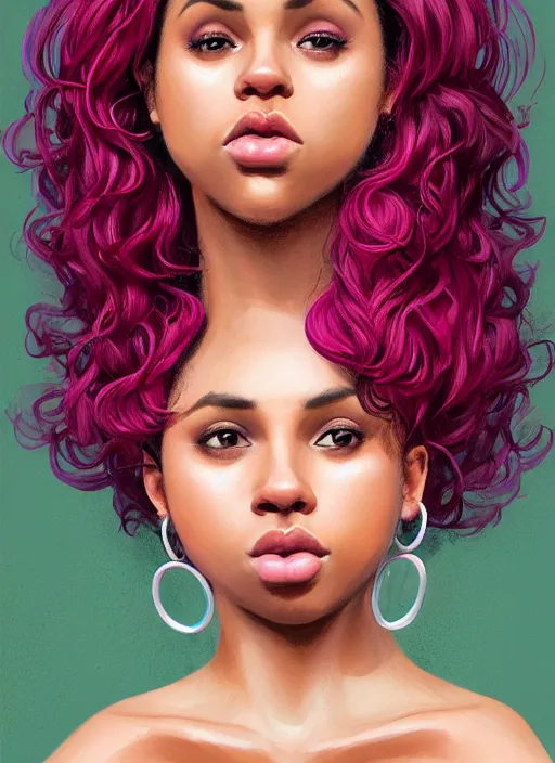 Image similar to full body portrait, teenage vanessa morgan, pink hair, brown skin, obese, curly pixie hair, sultry, realistic, short hair, hoop earrings, skirt, shirt, fat, belly, intricate, elegant, highly detailed, digital painting, artstation, concept art, smooth, sharp focus, illustration, art by wlop, mars ravelo and greg rutkowski