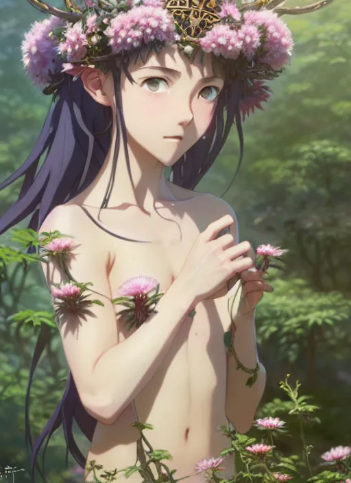 Prompt: a film still portrait of nymph girl with crown of flowers in plants bikini covered in celtic tattoos, finely detailed features, perfect art, trending on pixiv fanbox, painted by greg rutkowski makoto shinkai takashi takeuchi studio ghibli, akihiko yoshida,