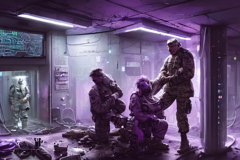 Image similar to Ultra realistic illustration, a hefty damaged cyberpunk male soldier cyborg with purple hair being patched up in a run down underground military medical bay with medical equipment hanging from ceiling, holographic display panels in background, rugged face, muscle body with battle scars, cyberpunk, soft purple neon lighting, sci-fi, fantasy, intricate, elegant, highly detailed, digital painting, artstation, concept art, smooth, sharp focus, illustration, dramatic lighting, art by Giger