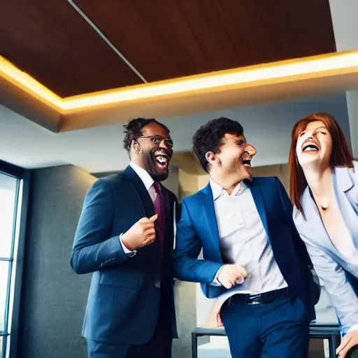 Prompt: stock photo of three people laughing wearing suits and ties in an office building, 8k resolution, full HD, cinematic lighting, award winning, anatomically correct