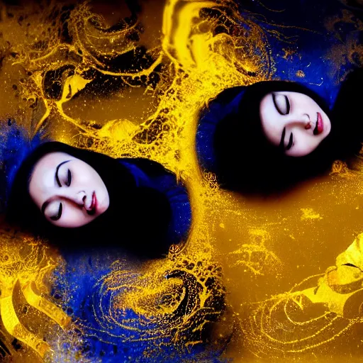 Prompt: two asian girls sleeping, liquid golden and black fluid, magic hour, dramatic light, liquid painting, golden bodypaint, yellow and blue lightning, world best photography, indian patterns, bokeh, golden jewelry filigree, body detaily, ornaments, fresco by michaelangelo, golden rays, god rays, epic cinematic wallpaper, cold color palette, cold colors, sad mood