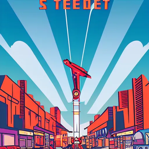 Prompt: rocket standing on a street in the middle of a cyberpunk city, neon signs, 1 9 7 0 s poster, psychedelic, minimalism, clouds, night time, dramatic lighting, flat design, flat colors, in the style of a soviet propaganda poster