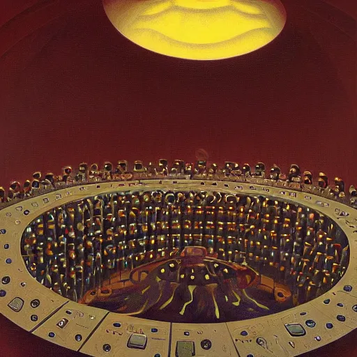 Image similar to portrait of an evil mastermind inside a dome - shaped control center, evil lair, pj crook, grant wood, oil on canvas