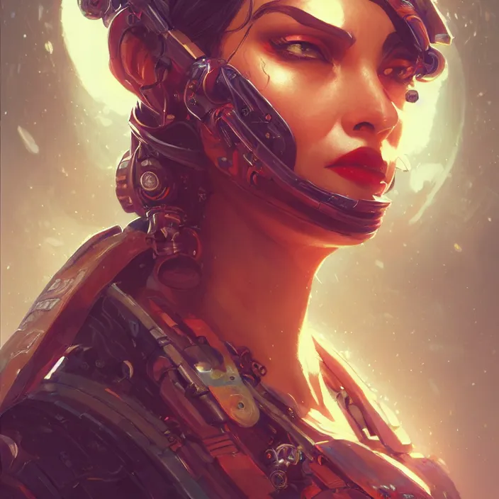 Image similar to a head and shoulders portrait of a female space pirate, neon, retro, steampunk, smooth, sharp focus, intricate, artstation, detailed concept art by Greg Rutkowski and Norman Rockwell and artgerm