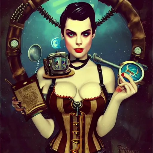 Prompt: lofi underwater bioshock steampunk portrait, wearing corset, holding a card, Pixar style, by Tristan Eaton Stanley Artgerm and Tom Bagshaw.