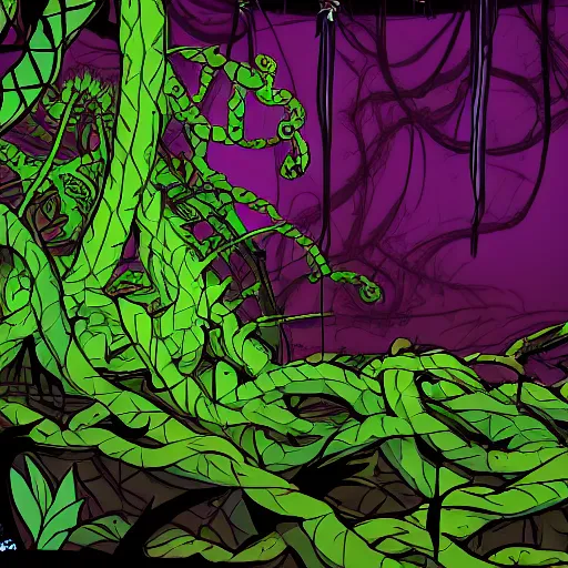 Image similar to a giant bat deep purple and green vines, swamp, genndy tartakovsky, primal, studio la cachette, scary lighting