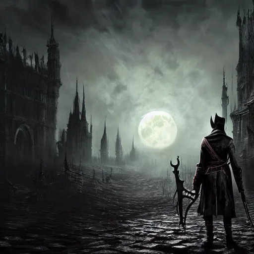 Image similar to bloodborne concept art, 4 k, painterly, large moon