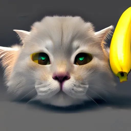 Prompt: cute banana cat, vray render, 50mm lens, bottom angle