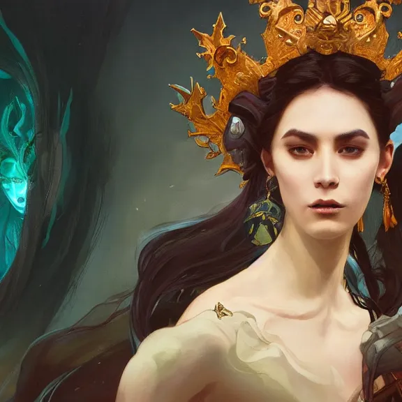 Image similar to portrait of the ghost queen, painted portrait, 4k, trending on artstation, octane render, art by artgerm and greg rutkowski and alphonse mucha and craig mullins and James Jean and Andrei Riabovitchev and Marc Simonetti and peter mohrbacher