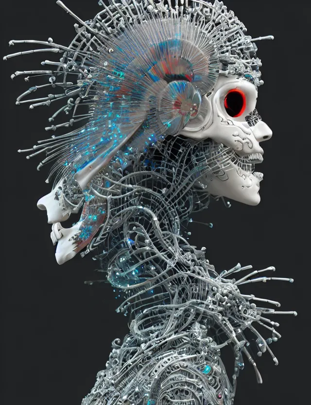 Image similar to 3 d goddess close - up profile simple portrait cybernetic with skull. beautiful intricately detailed japanese crow kitsune mask and clasical japanese kimono. betta fish, jellyfish phoenix, bio luminescent, plasma, ice, water, wind, creature, artwork by tooth wu and wlop and beeple and greg rutkowski