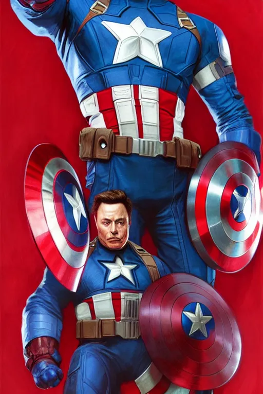 Image similar to elon musk as captain america, marvel character, portrait, highly detailed, digital painting, artstation, concept art, smooth, sharp focus, illustration, cinematic lighting, art by artgerm and greg rutkowski and alphonse mucha