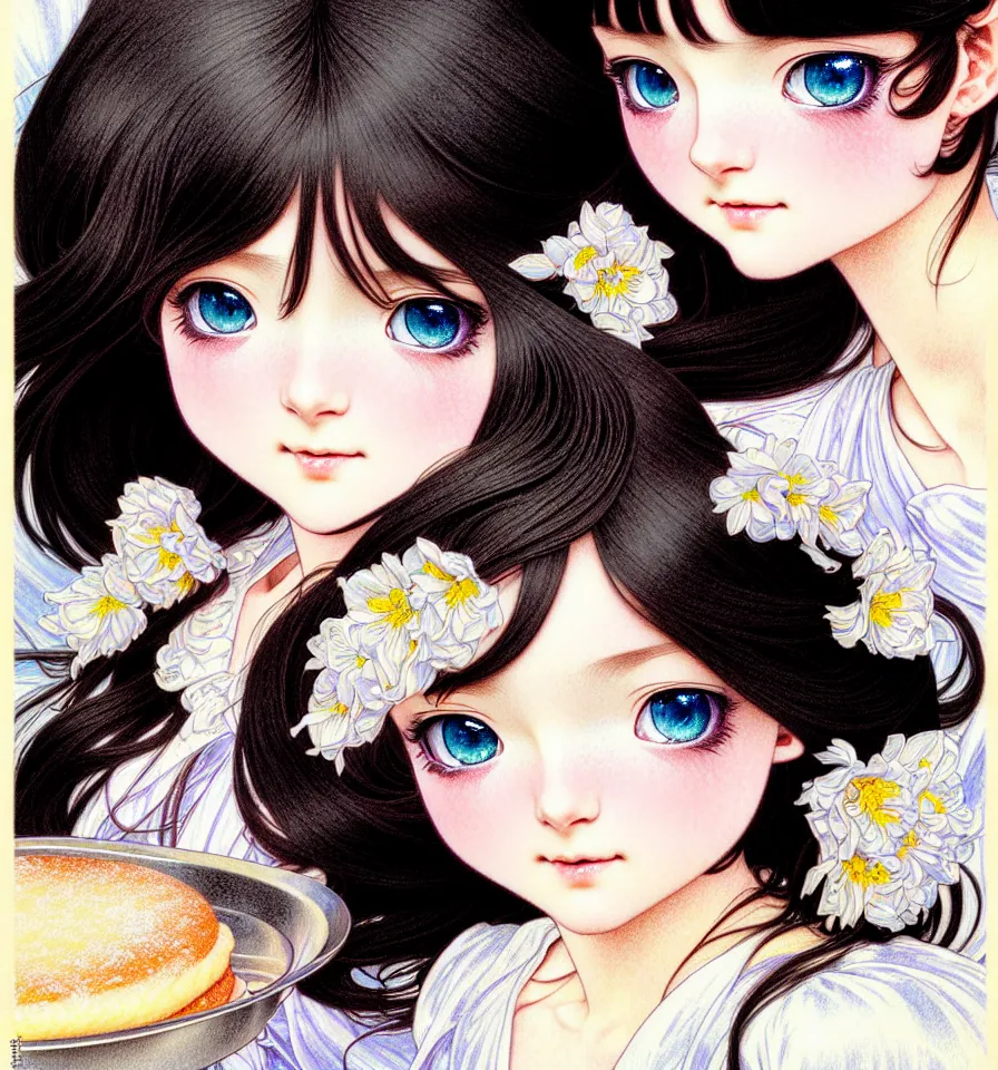 Image similar to closeup portrait of a sweet girl with silky black long hair is covered in white powdered sugar posing for the camera in a bakery kitchen. insanely and epically detailed high-quality artwork with soft colors, exquisitely detailed soft shadowing, amazingly composed image, epic pencil illustration, by Range Murata and by Alphonse Mucha and by Katsuhiro Otomo.