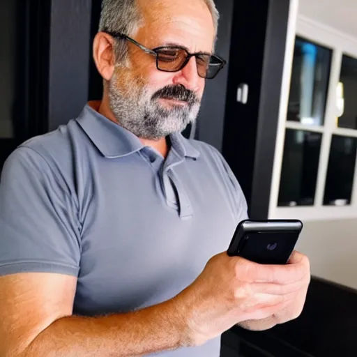 Image similar to a photo of a middle aged man that is in love with his iphone, cinematic, hyper realistic, ultra detailed, realistic materials, 8 k
