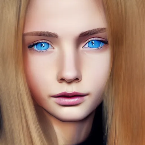 Image similar to High-Quality photorealistic portrait of a young thin girl, blue eyes, blonde hair, wearing a black turtle neck, face center close-up, realistic colors