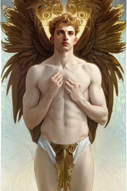 Image similar to symmetrical, beautiful young fit male angel with curly blond hairs, dressed with fluent clothes, majestic wings, luminous halo, by greg rutkowski and alphonse mucha, d & d character, gradient white to gold, in front of an iridescent background, highly detailed portrait, digital painting, artstation, concept art, smooth, sharp focus ilustration, artstation hq