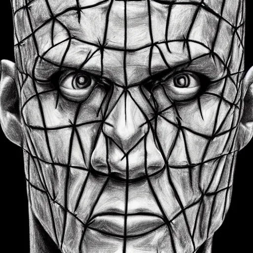 Image similar to drawing of john cena as pinhead from hellraiser, pencil drawing, ultra realistic, intricate details, black and white, hd, 8 k, artstation