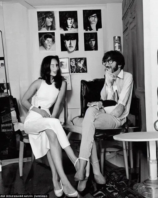 Image similar to gal gadot having tea with john lennon at his nyc apartment, on the apartment wall is a huge oil painting of buddy holly