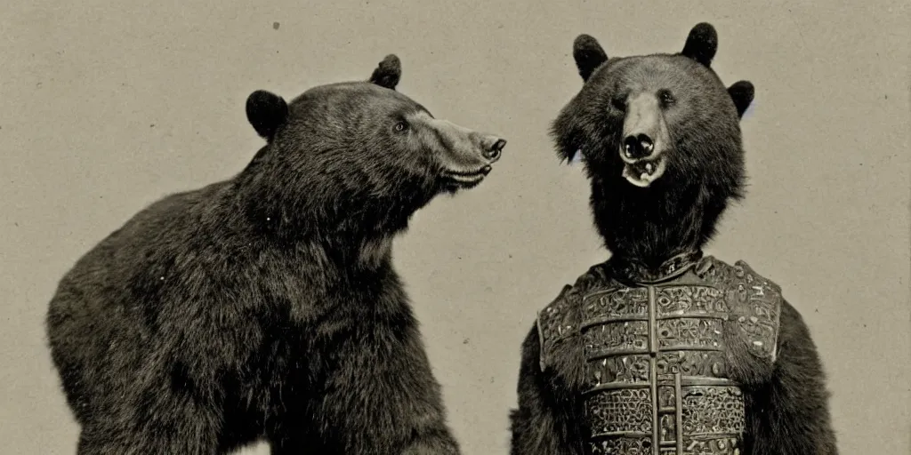 Prompt: anthropomorphic asian black bear in samurai armor, 1900s photo