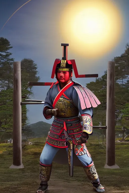 Image similar to a godlike and indomitable helmeted samurai wielding their Odachi before a large Torii gate, the very very very bright rising sun in the background. Photo realistic. Award winning