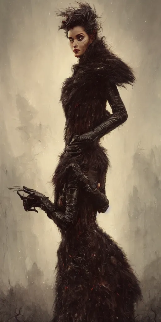 Image similar to a hardcore longshot portrait of a tall dark sombre woman wearing furs in autumn, hyperrealistic, highly detailed, intricate, sci-fi, sharp focus, trending on Artstation HQ, deviantart, unreal engine 5, 4K UHD image, in the style of Tom Bagshaw, Cedric Peyravernay, Peter Mohrbacher