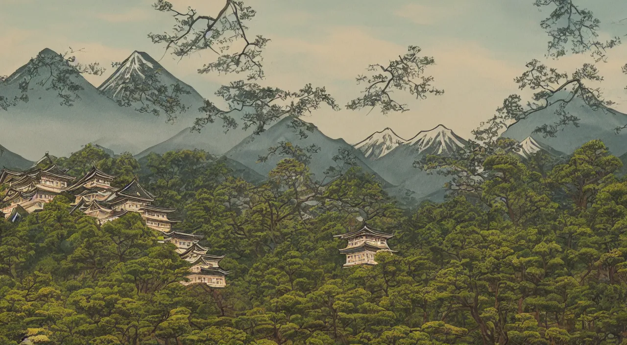 Prompt: a painting of a Japanese castle, with a garden as foreground, with mountains as background, trending on artstation