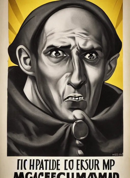 Image similar to portrait of glamorous bald medieval man with big nose and annoyed gesture,look of hate, threatening pose, 1940s propaganda poster, full hd,highly detailed