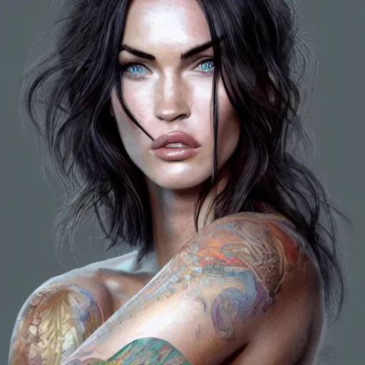 Image similar to portrait of megan fox as an anthropomorphic, au naturel, hyper detailed, digital art, trending in artstation, cinematic lighting, studio quality, smooth render, unreal engine 5 rendered, octane rendered, art style by klimt and nixeu and ian sprigger and wlop and krenz cushart.