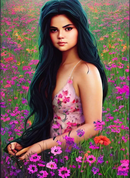 Prompt: beautiful thirty year old woman with long black hair, tan skin, curvy hourglass figure, round cute face, slightly resembles selena gomez wearing a colorful modest disney princess gown in a field of flowers. beautiful painting by artgerm and greg rutkowski and lois van baarle