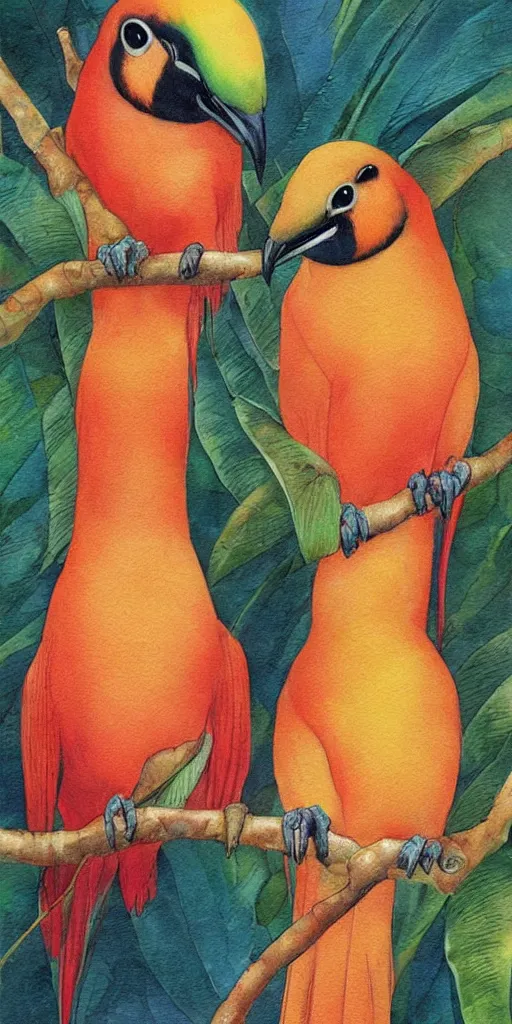 Image similar to greeting card, love, beautiful tropical bird couple, by tran nguyen, warm colors, cozy