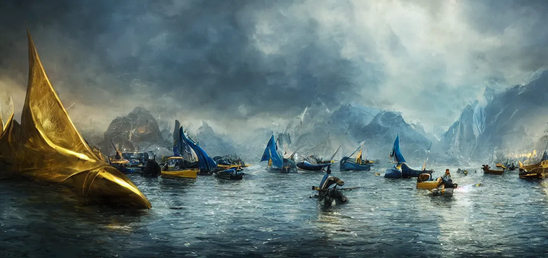 Prompt: cinematic, market aquare, blue and gold boats, dozens of people, hybrid from the lord of the rings and art direction by darius zawadzki, sharp focus, highly detailed, wideangle epic scale, dynamic dramatic lighting, shadows, cinematic atmosphere, artstation, hyperrealistic, 8 k 4 k uhd image