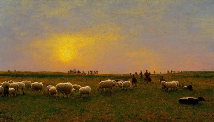 Prompt: wide scene of sheep in a meadow at sunset, by ilya repin