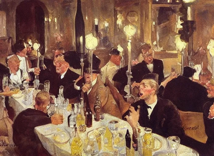 Image similar to men having dinner, singing, roaring twenties, cellar, masterpiece, torches on wall, meat, wine, schnapps, smoking cigars, scantily clad blondes, oil painting by anders zorn and carl larsson, art nouveau