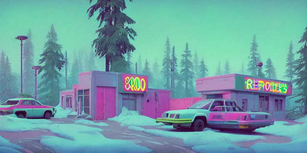 Prompt: 80s outdoor retro arcade, 80s color scheme, retro, pastel colors, desolate, lush vegetation, snow, moody:: by Simon Stålenhag and beeple and James Gilleard and Justin Gerard :: ornate, dynamic, particulate, intricate, elegant, highly detailed, centered, artstation, smooth, sharp focus, octane render, 3d