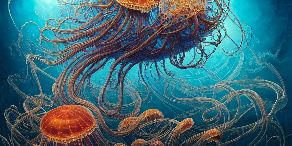 Image similar to a beautiful hyperrealistic ultradetailed 3d art of gigantic glowing complex multi-layered intricate jellyfish creatures with long flowing tendrils, by Justin Gerard and Laurie Greasley and Peter Mohrbacher and Dan Mumford, tarot card art, detailed shading, vray octane, redshift. micro details, dramatic lighting, volumetric lighting, 8k