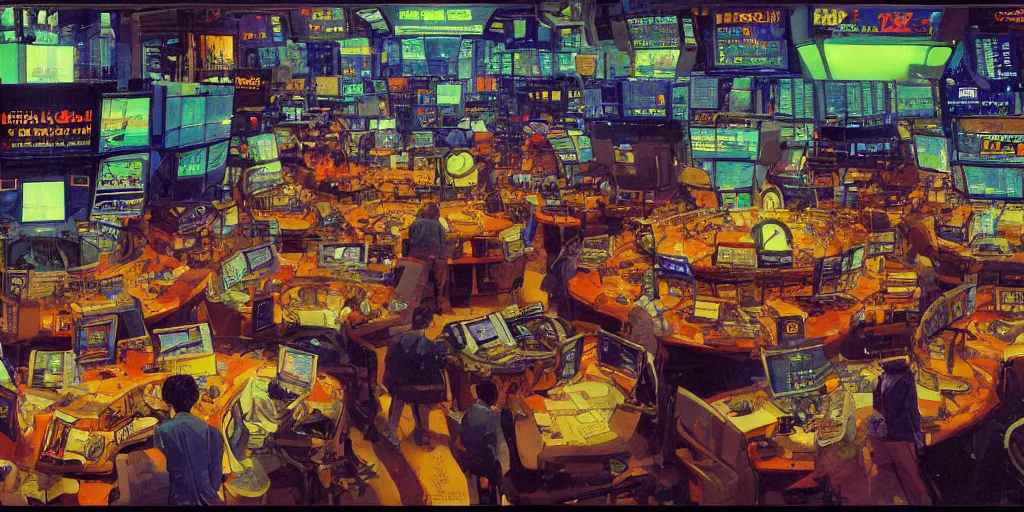 Prompt: beautiful schematic of traders in the new york stock exchange, by paul lehr and mark kolobaev, science fiction, mix of styles, highly detailed, intricate, studio ghibli color scheme, masterpiece, pointillism, abstract