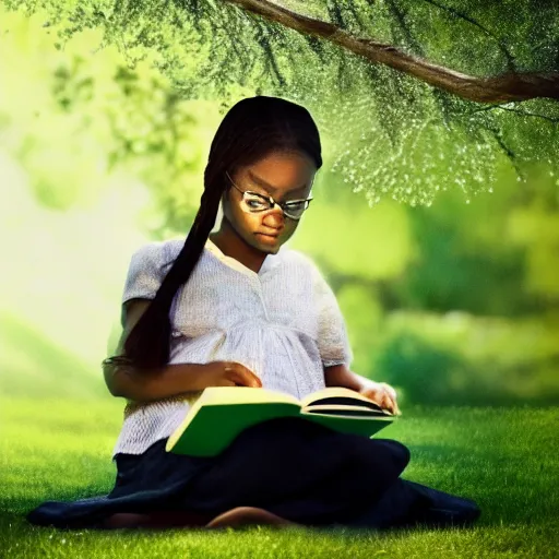 Image similar to stunning, coherent, impressive, detailed still of black little girl, reading a book, underneath a tree, follow shot, 3d, in the style of pixar, comic book style, 3d, highly detailed, sharp focus, bokeh, depth of field, 16k resolution, Unreal Engine 5, coherent, cinematic lighting, photorealistic, by Zhang Jingna