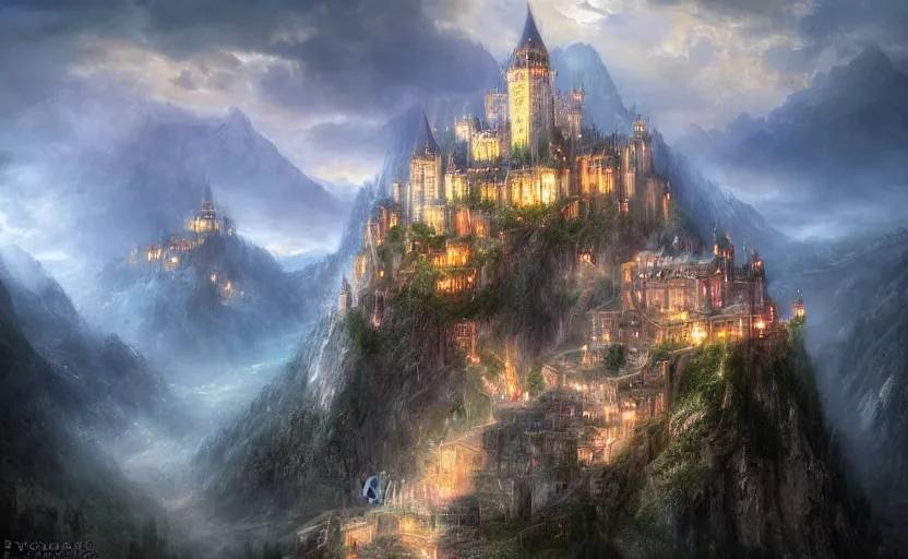 Image similar to beautiful secret city of the elves gondolin on top of a mountain, magical gloomy mystical. by konstantin razumov, fractal flame, chiaroscuro, highly detailded