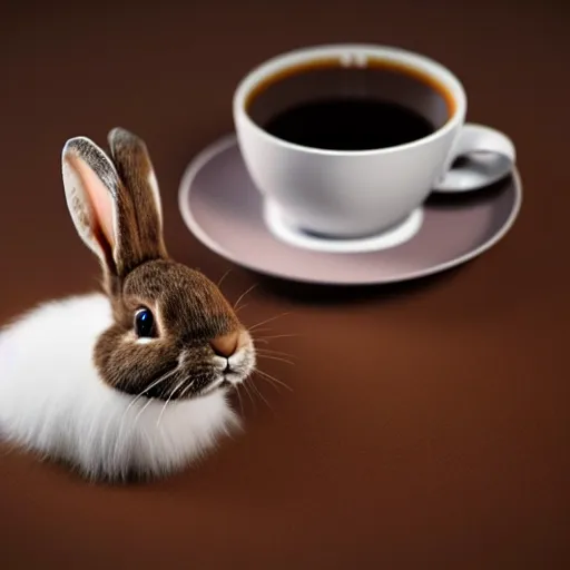 Image similar to hyperrealistic detailed medium shot low angle image, deep depth of field of fluffy brown rabbit sitting behind the table, in front of it cup of coffee with milk. small and structured. 8 k, 3 d render by roger magrini, very cohesive, masterpiece