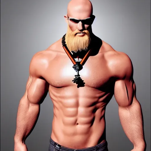 Image similar to TechnoViking male with no shirt, large muscles, bald head, dirty-blonde extended goatee, necklace chibi as a Funko Pop