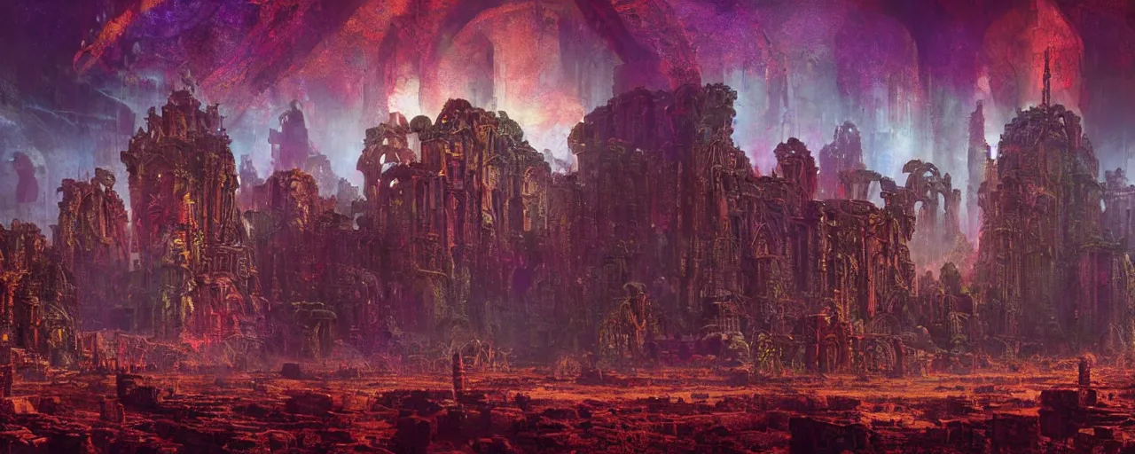 Prompt: ” ancient ruins of an alien cathedral, [ cinematic, detailed, epic, widescreen, opening, establishing, mattepainting, photorealistic, realistic textures, octane render, art by paul lehr ] ”